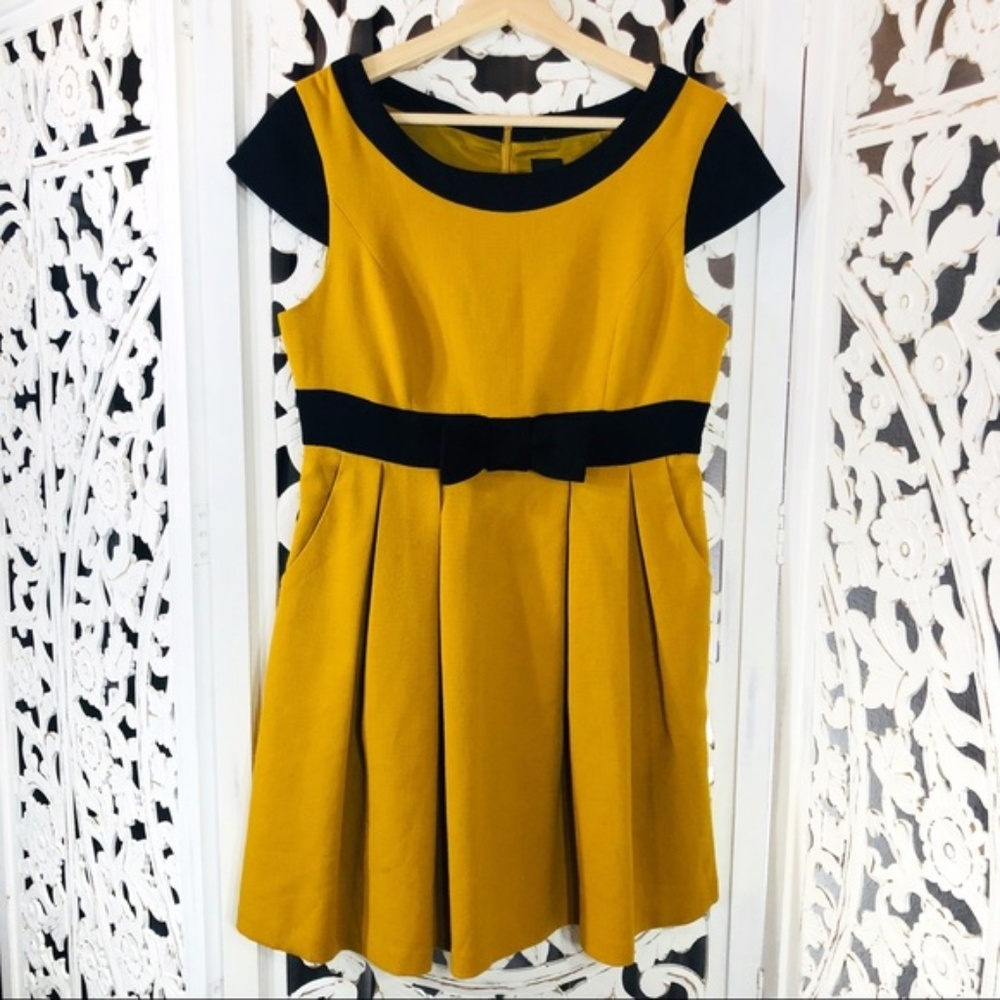 ASOS Gold Black Bow Pocket Pleated Midi Dress